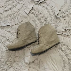 Xappeal tan suede lace up wedge booties.